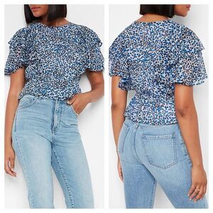 NWT Express Leopard Print Tiered Ruffle Sleeve Peplum Top Size XS